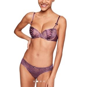 Lingerie Set Purple Size 34B Lacy Back Tie Bikini Panty Medium